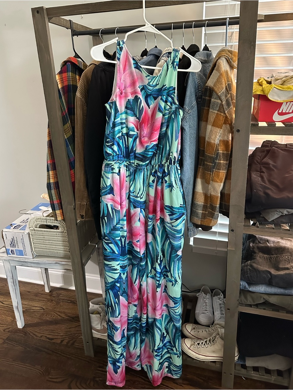 Tropical Floral Wide Leg Jumpsuit in Blue & Pink